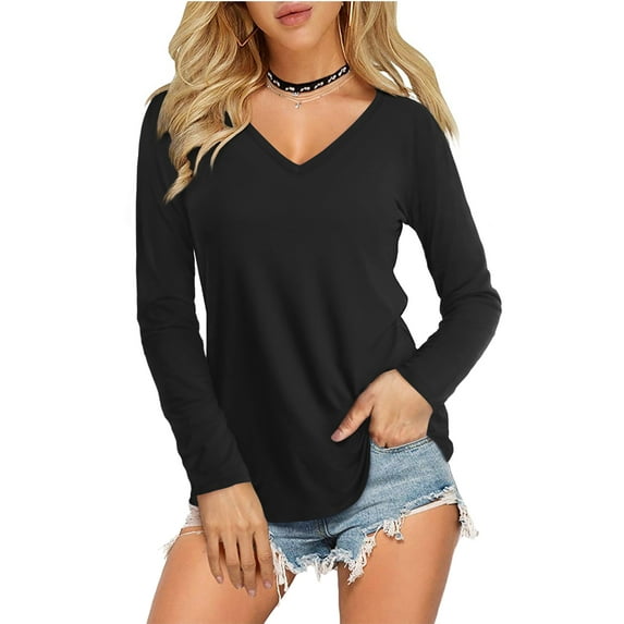 Fancyglim Women Plus Size Shirts Long Sleeve V Neck Casual Plain Tee Tops Black 2XL