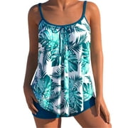 Fancyglim Women Plus Size Swimsuits 2pcs Bathing Suits Tankini Swimwears with Low Waist Shorts Blue 3XL