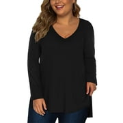FANCYGLIM Women Plus Size Tee Shirts Long Sleeve Top High Low Tunic(Black 1X)