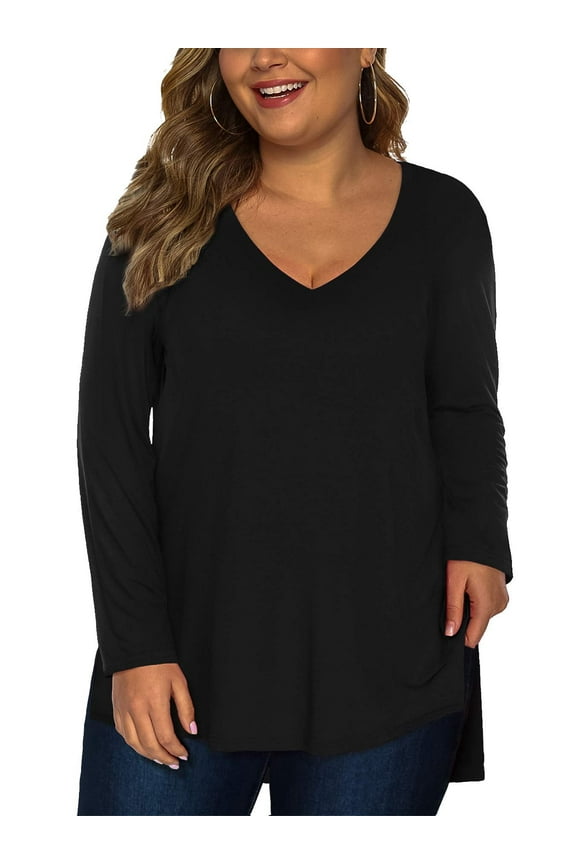 Women Plus Size Tee Shirts Long Sleeve Top High Low Tunic(Black 1X)