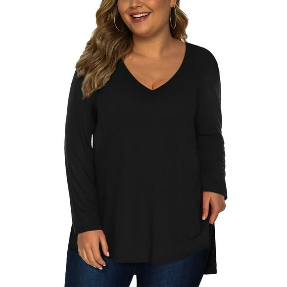Fancyglim Women Plus Size Tee Shirts Long Sleeve Top High Low Tunic(Black 1X)