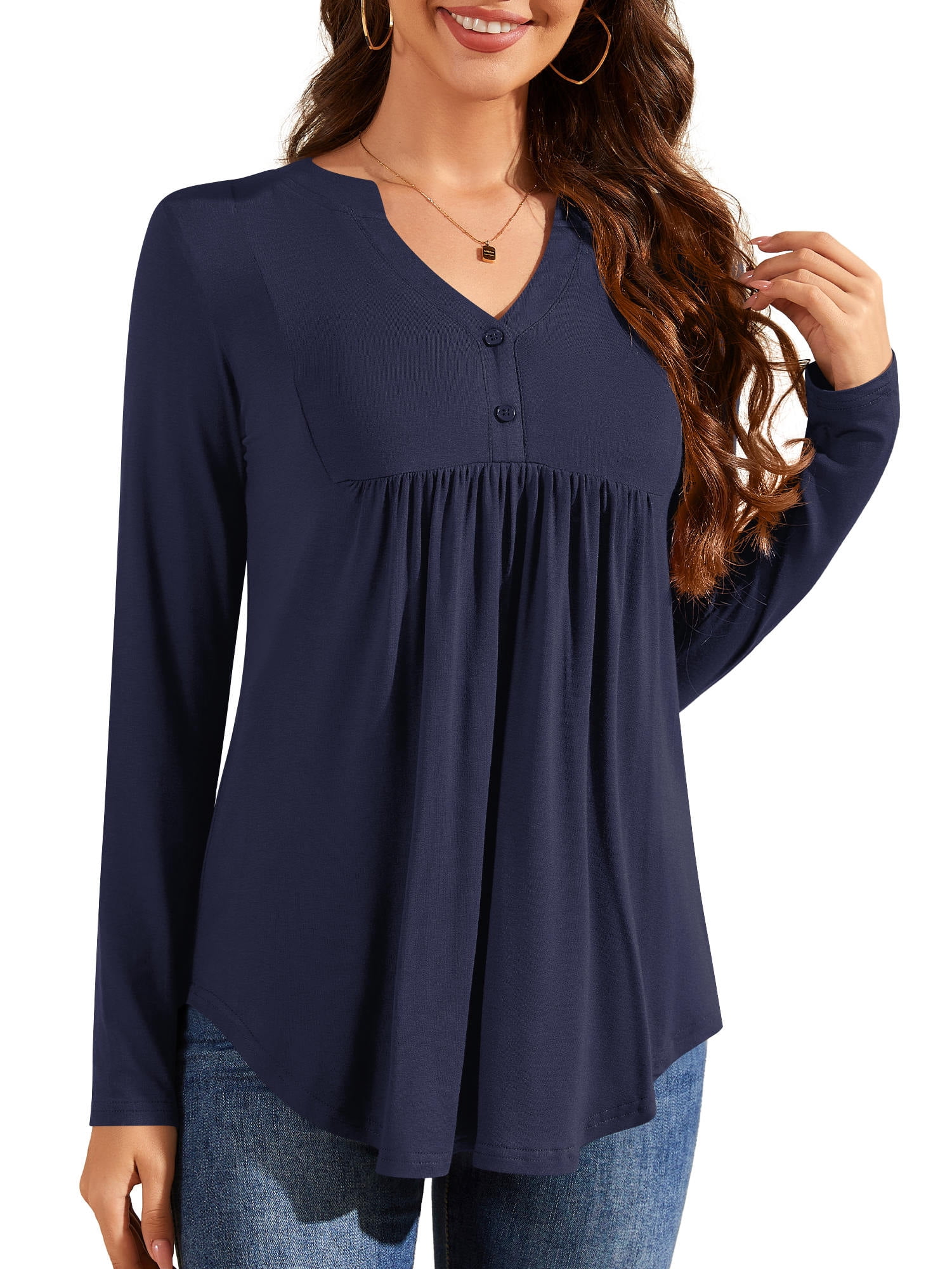 Women Plus Size Tops Long Sleeve Henley Shirts V Neck Casual Button Pleated Tunic Shirts Blouse Navy Blue 2XL
