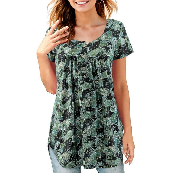 Fancyglim Women Plus Tunic Tops Floral Print Short Sleeve Casual Blouse Black 3XL