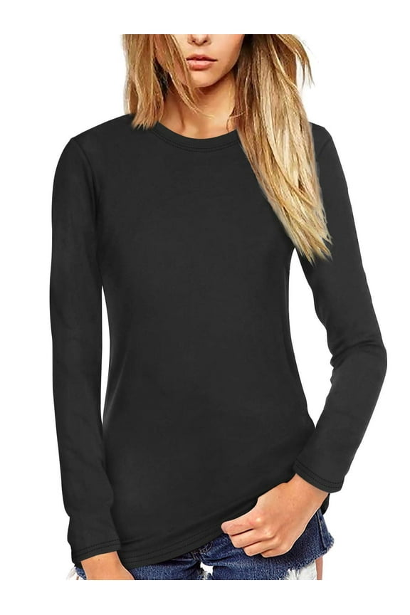 Women Shirt Long Sleeve Crew Neck T-shirt Tee Tops(Black S)