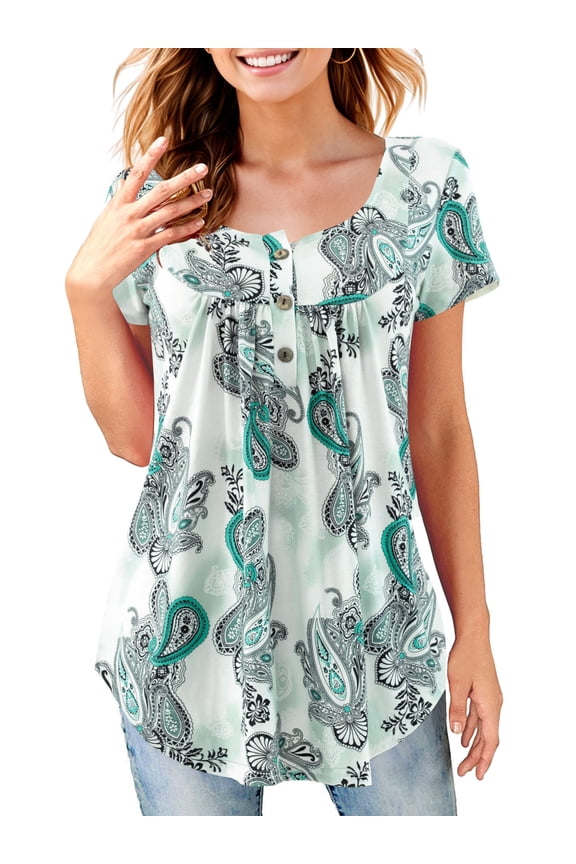 Women Short Sleeve Blouse Swing Tunic Floral Henley Shirt White 4XL