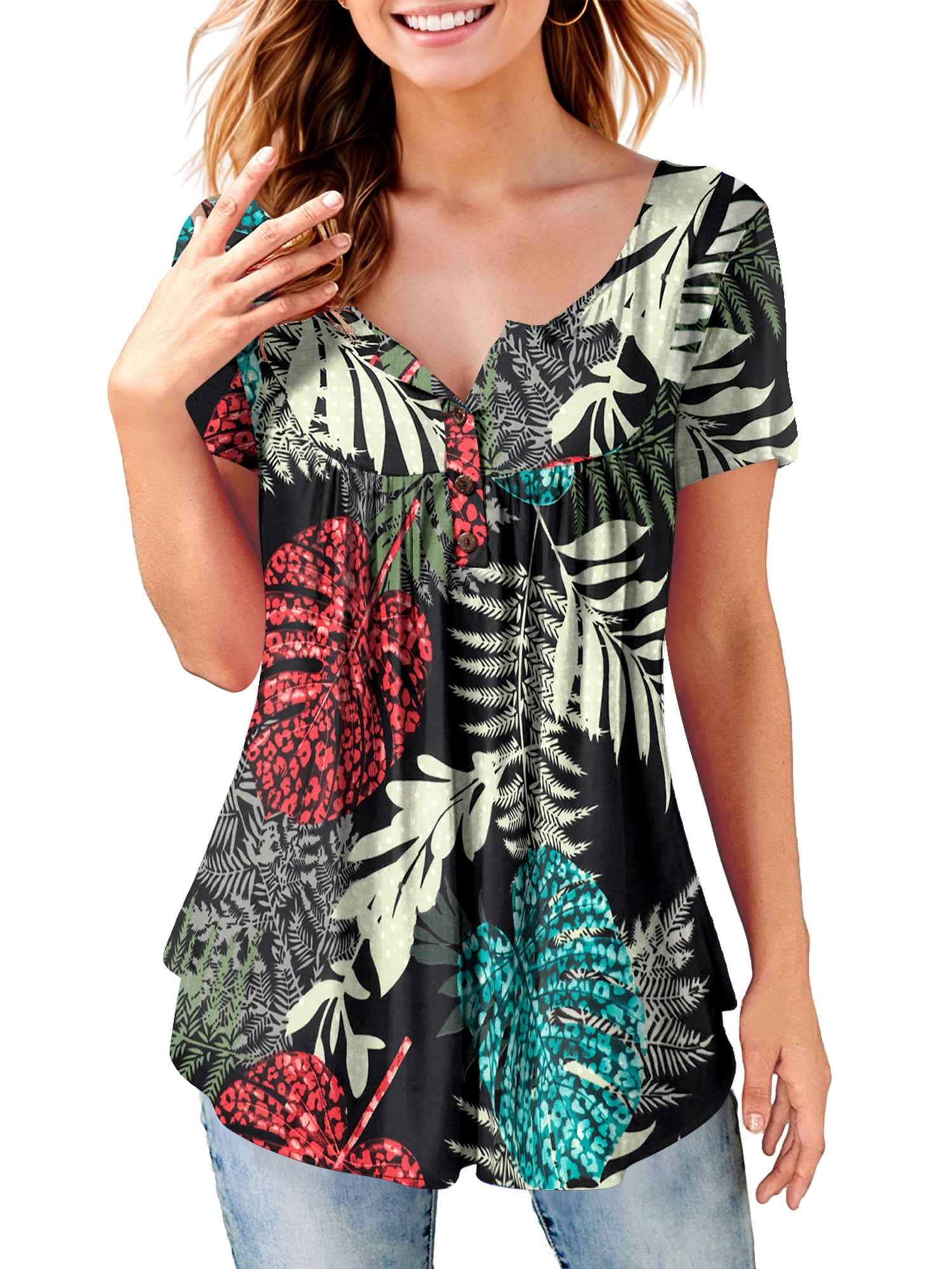 Fancyglim Women Short Sleeve Tops V Neck Henley Tunic Shirt Blouse ...