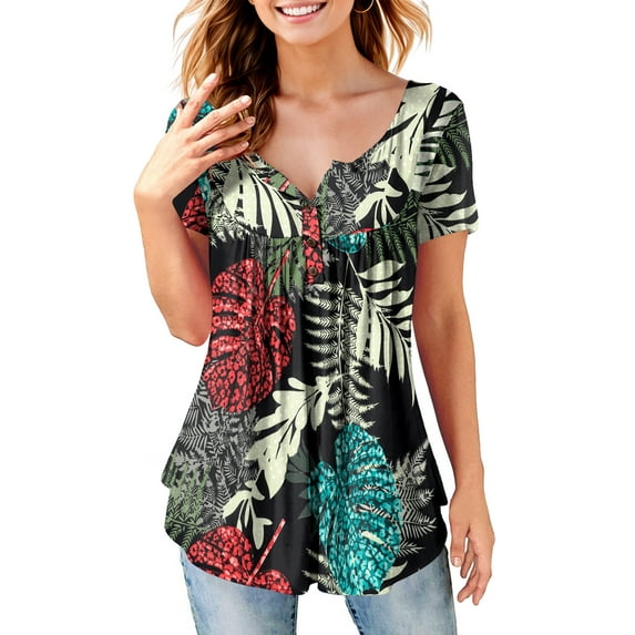 Fancyglim Women Short Sleeve Tops V Neck Henley Tunic Shirt Blouse Black M