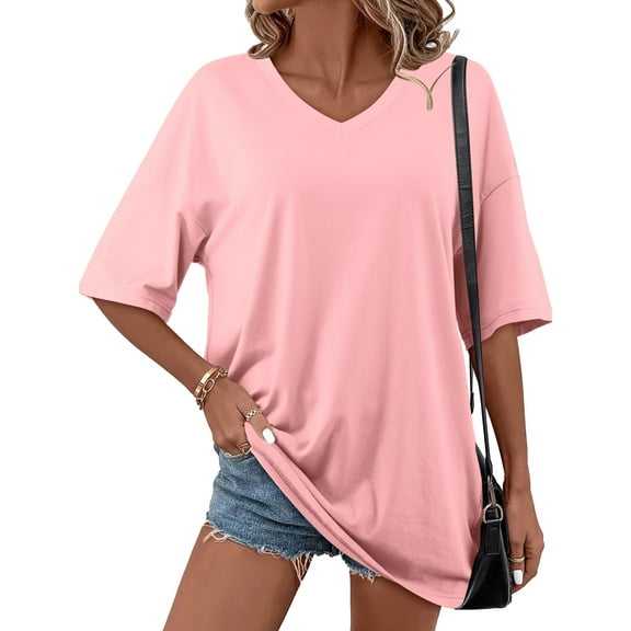 Fancyglim Women Short Sleeve Tunic Oversized T-Shirts Casual V Neck Top Pink L