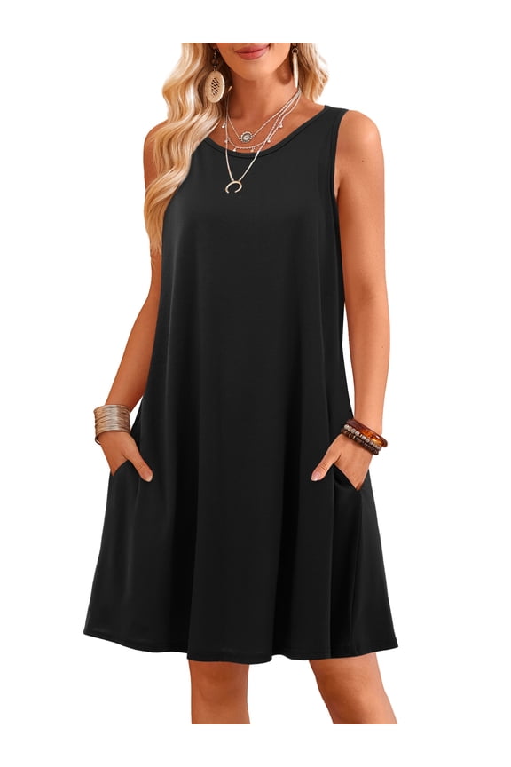 Women Summer Crew Neck Tshirt Dress Sleeveless Sundress Black 2XL