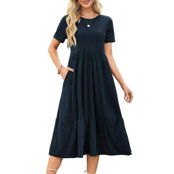 Fancyglim Women Summer T Shirt Dress Short Sleeve Crewneck Tiered Dresses Navy 2XL