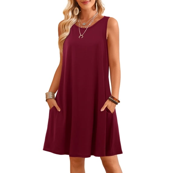 Fancyglim Women Summer Tank Dress Causal Loose Tshirt Swing Dresses Burgundy L