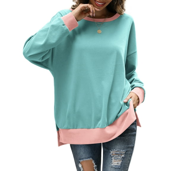 Fancyglim Women Sweatshirt Crewneck Long Sleeve Shirts Color Block Oversized Tunic Tops Green M