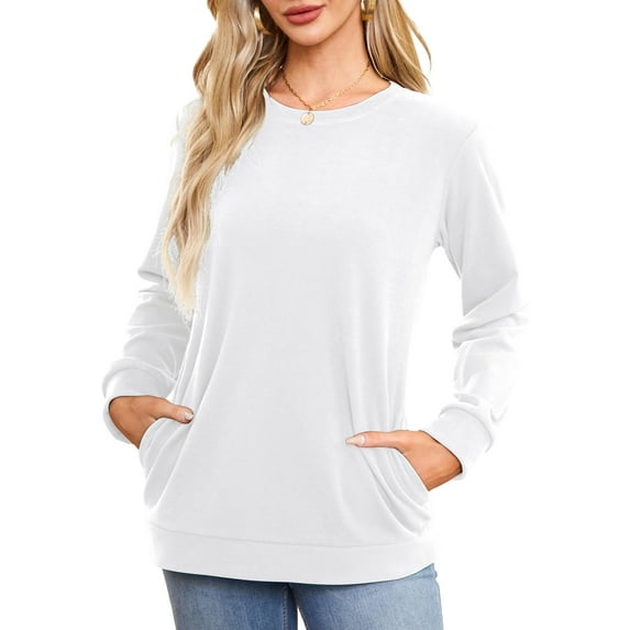 Fancyglim Women Sweatshirts Crew Neck Long Sleeve Tunic Tops Casual Pullover with Pockets White S