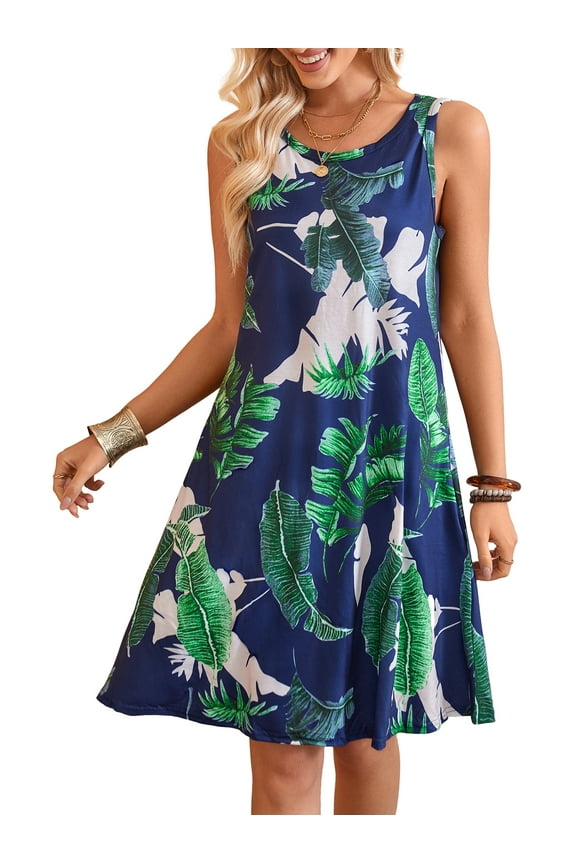 Women T Shirt Dresses Sleeveless Loose Swing Sundress with Pockets Leaf L