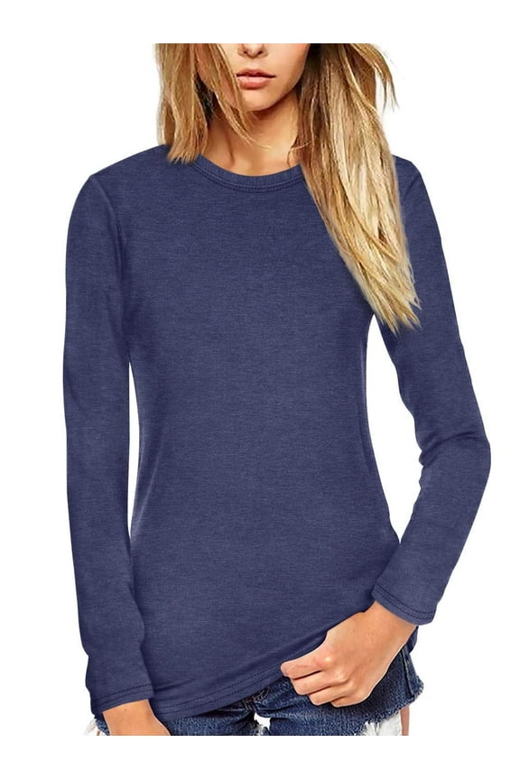 Women T Shirt Long Sleeve Crew Neck Tee Tops(Blue M)