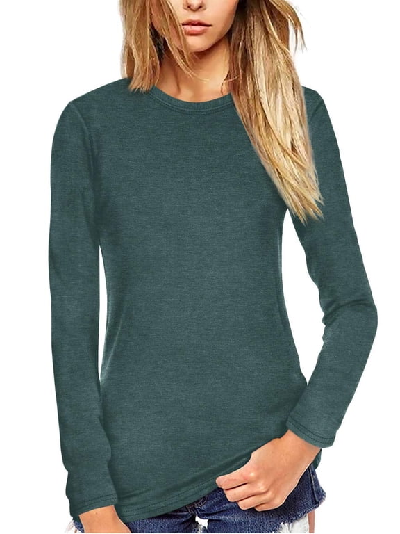 Women T Shirt Long Sleeve Crew Neck Tee Tops(Green M)
