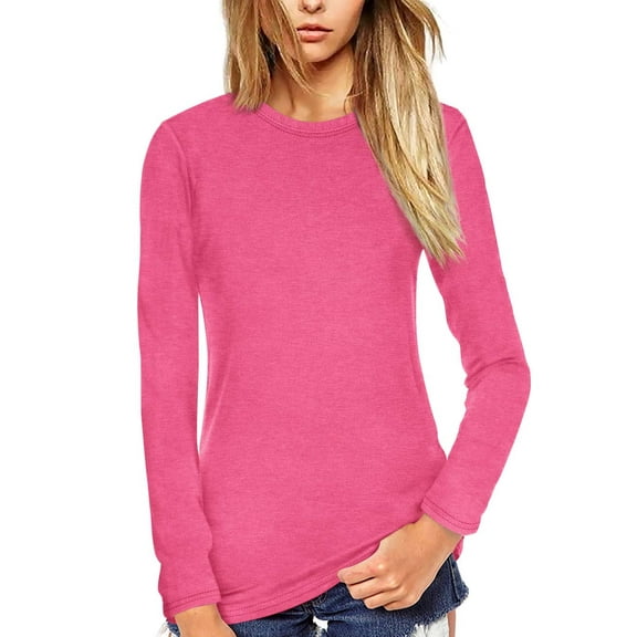 Fancyglim Women T Shirt Long Sleeve Crew Neck Tee Tops(Pink M)