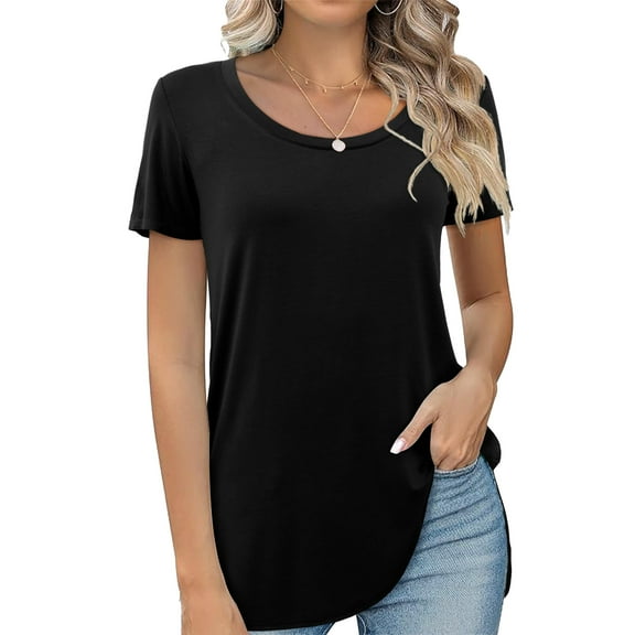 Fancyglim Women T Shirt Summer Scoop Neck Short Sleeve Cute Top Tunic Black XL