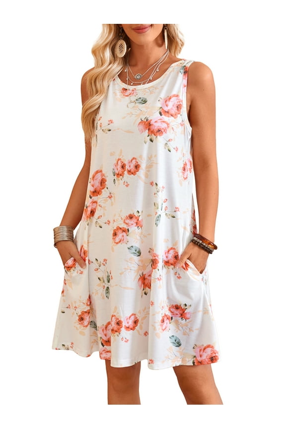 Women T-shirt Sundress Summer Loose Beach Pockets Tank Dress White XL