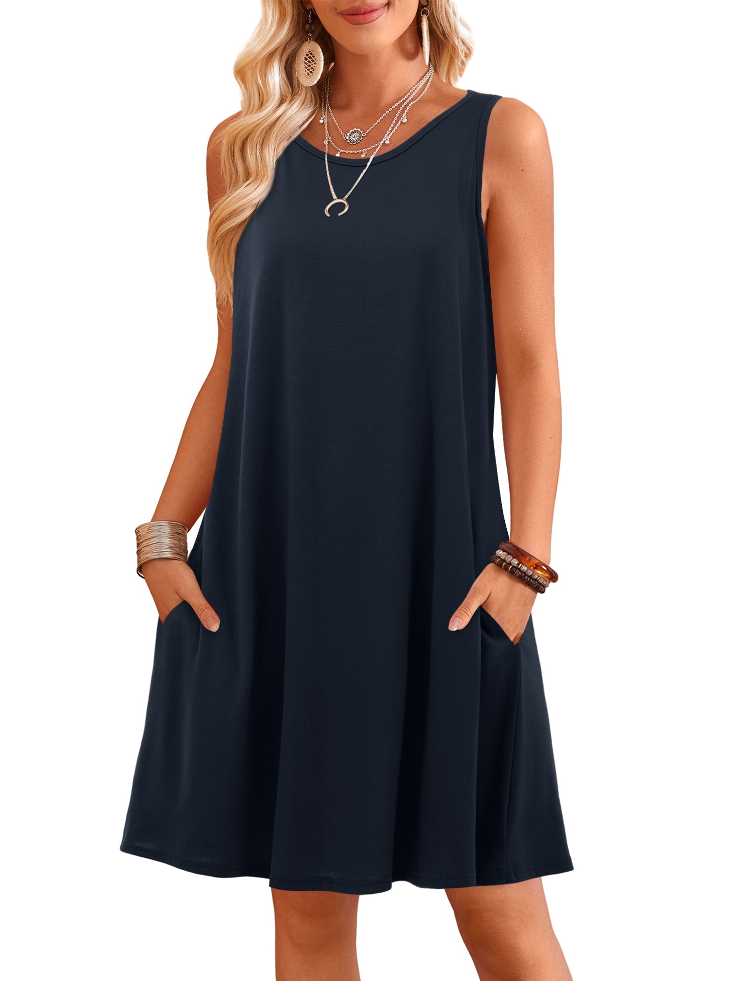 Fancyglim Women's Navy Tank Dress, Sleeveless, Flowy Summer Sundress ...