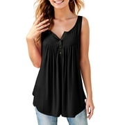 Fancyglim Women Tank Top Tunic Summer V Neck Sleeveless Henley Shirts Black L