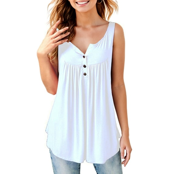 Fancyglim Women Tank Top V Neck Loose Fit Pleated Sleeveless Shirts White XL