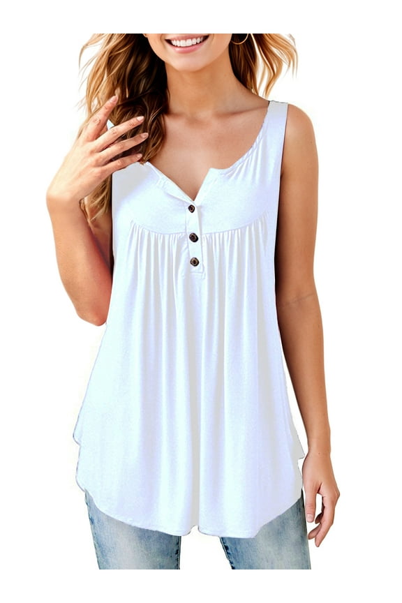 Women Tank Top V Neck Loose Fit Pleated Sleeveless Shirts White XL
