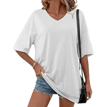 Fancyglim Women Top Oversized T-Shirts V Neck Short Sleeve Cozy Tunic White 2XL