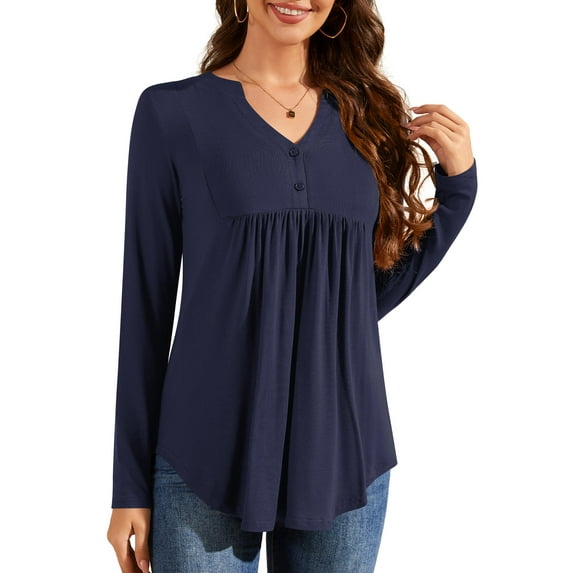 Fancyglim Women Tops Long Sleeve Henley Shirts V Neck Casual Button Pleated Tunic Shirts Blouse Navy Blue XL
