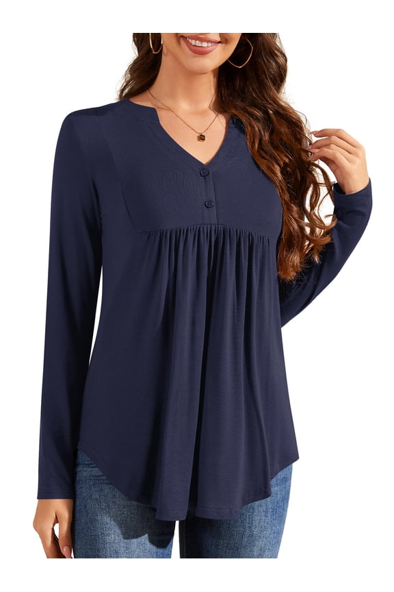 Women Tops Long Sleeve Henley Shirts V Neck Casual Button Pleated Tunic Shirts Blouse Navy Blue XL