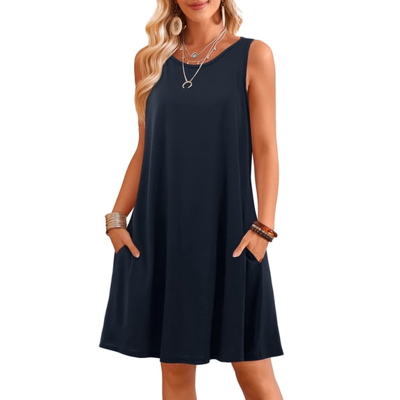 Fancyglim Women Tshirt Dress Loose Swing Beach Tank Dress with Pockets Navy M