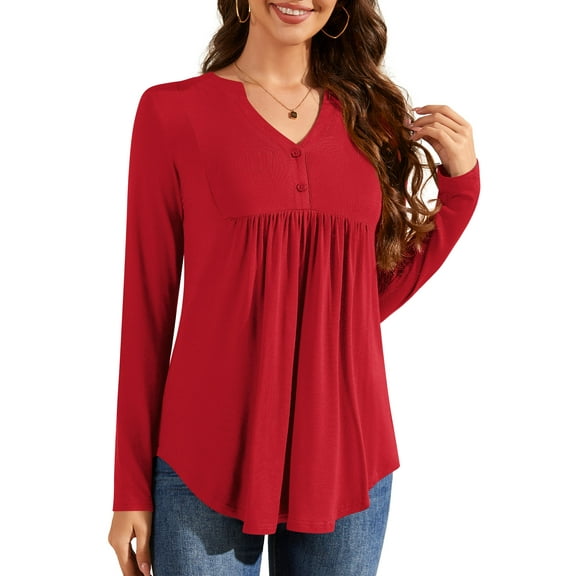 Fancyglim Women Tunic Tops Long Sleeve Henley Shirts V Neck Casual Pleated Button Blouse Tops Red L