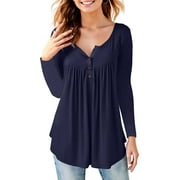 FANCYGLIM Tunic Tops for Women Long Sleeve Henley Shirt Casual Loose Pleated Blouse with Buttons (Navy, L)