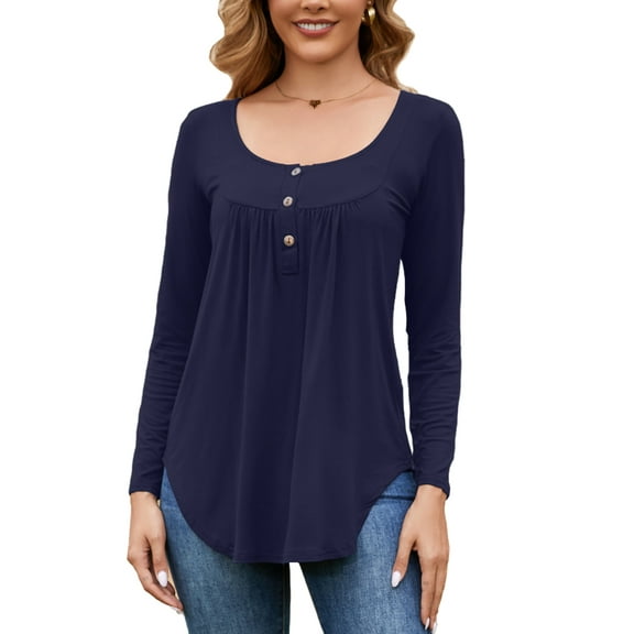 Fancyglim Tunic Tops for Women Long Sleeve Henley Shirt Casual Loose Pleated Blouse with Buttons (Navy, L)