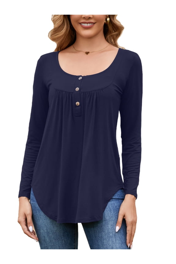 Tunic Tops for Women Long Sleeve Henley Shirt Casual Loose Pleated Blouse with Buttons (Navy, L)