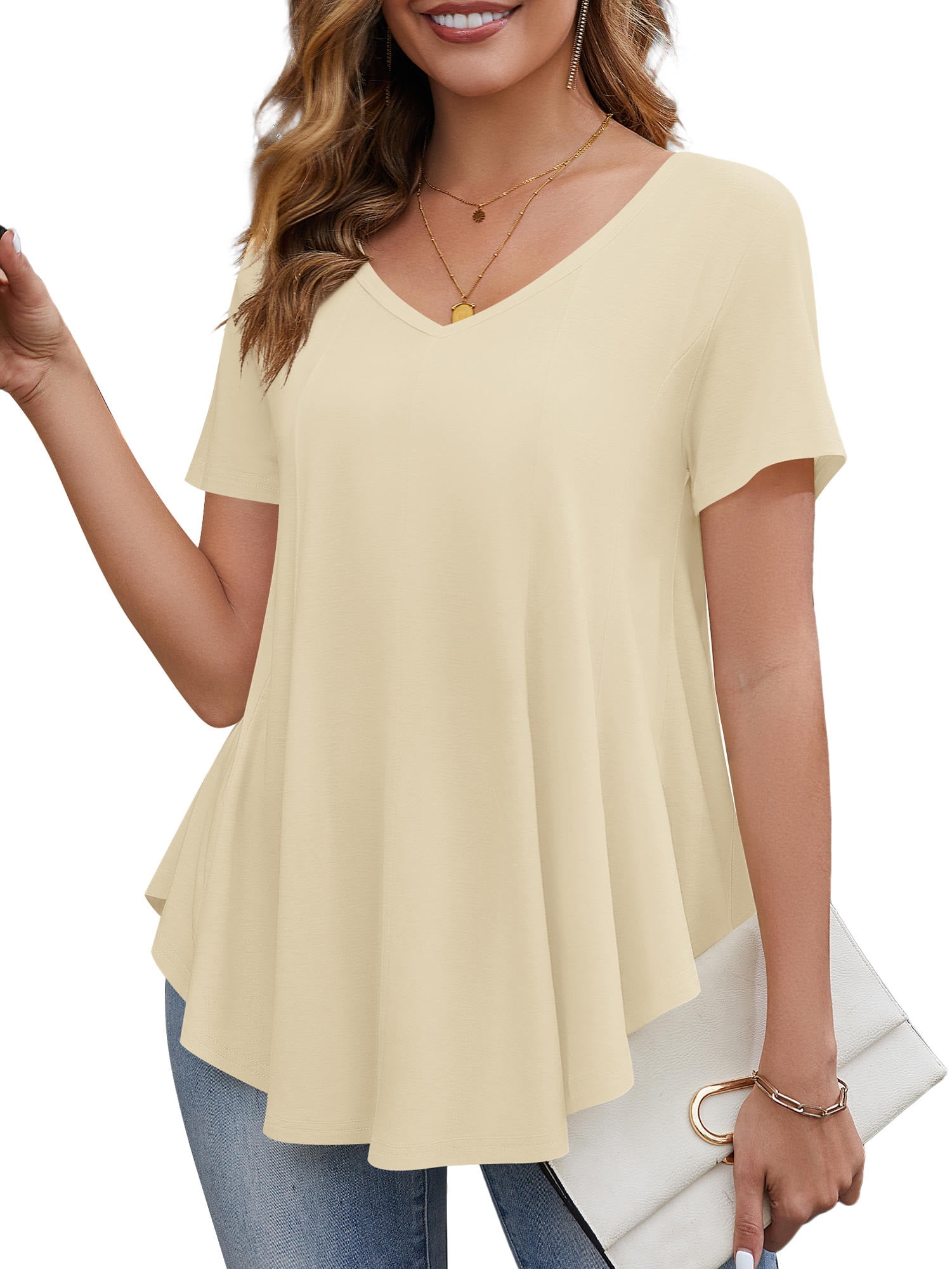 Fancyglim Women Tunic Tops V-Neck Short Sleeve A Line Blouse Summer ...