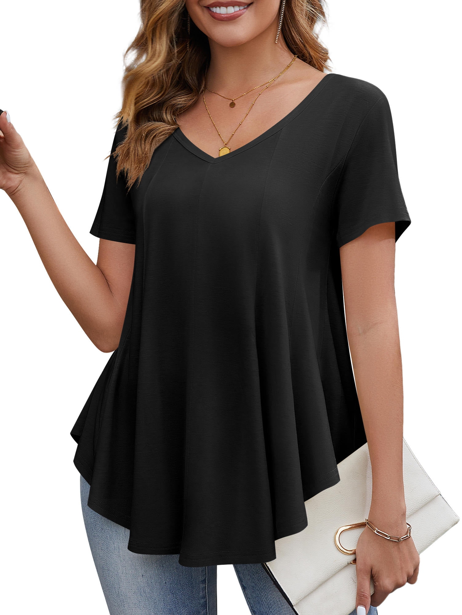 Fancyglim Women Tunic Tops V-Neck Short Sleeve A Line Blouse Summer ...
