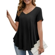 FANCYGLIM Women Tunic Tops V-Neck Short Sleeve A Line Blouse Summer Shirt M - 3XL