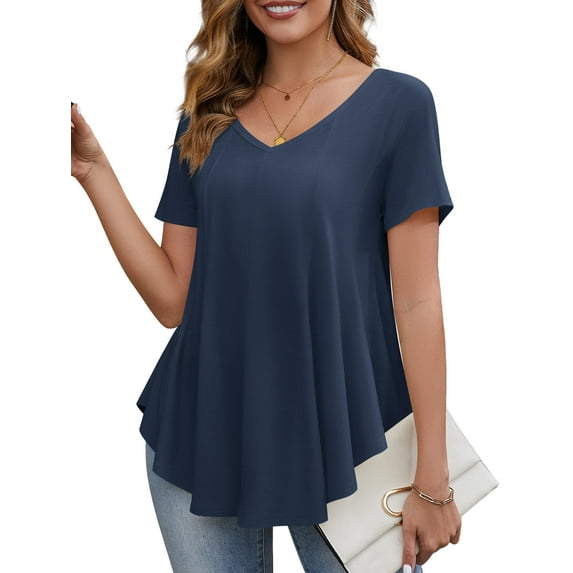 Fancyglim Women Tunic Tops V-Neck Short Sleeve A Line Blouse Summer Shirt M - 3XL
