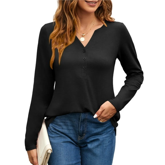 Fancyglim Women V Neck Henley Shirts Long Sleeve Tunic Tops Causal Blouse Black L