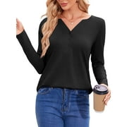 FANCYGLIM Women V Neck Henley Shirts Long Sleeve Tunic Tops Causal Blouse Black XL