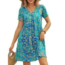 Fancyglim Women V Neck Short Dress Summer Short Sleeve Pleated Dresses Blue L