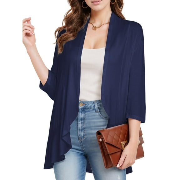 Fancyglim Women's 3/4 Sleeve Cardigan Draped Ruffles Soft Open Front Knit Tops Casual Loose Coverups S-2XL