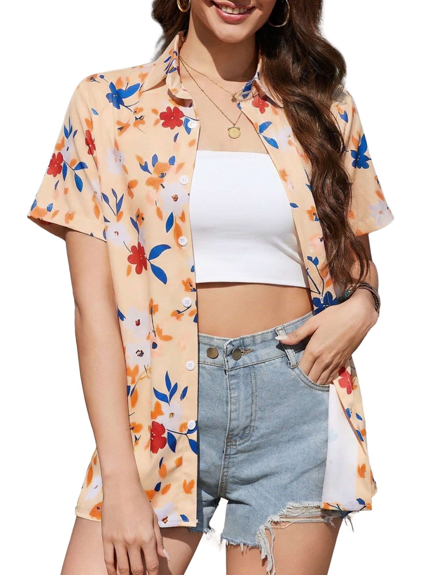 Fancyglim Women's Button Down Shirt Summer Short Sleeve Hawaiian Blouse ...