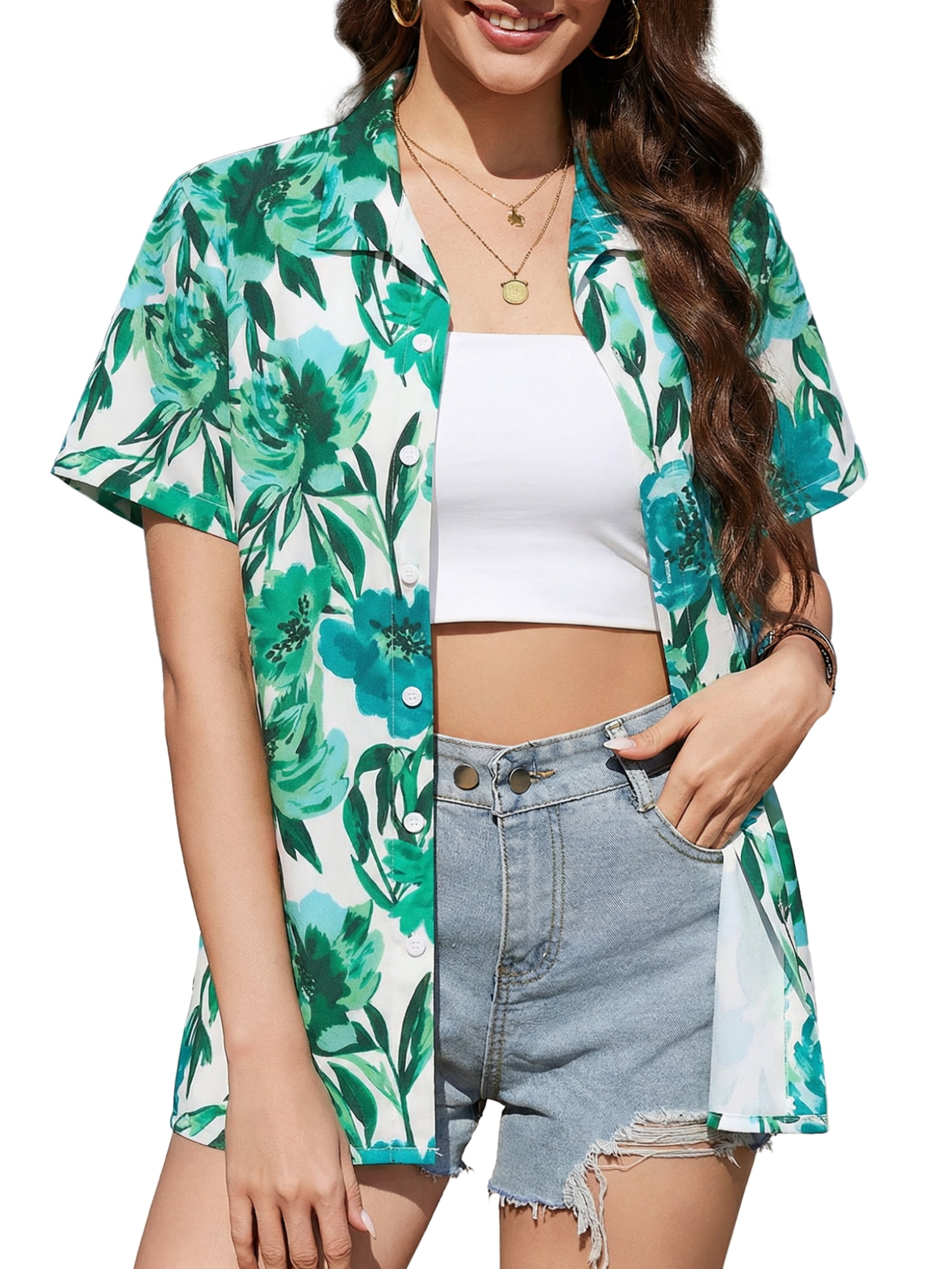 Fancyglim Women's Button Down Shirt Summer Short Sleeve Hawaiian Blouse ...
