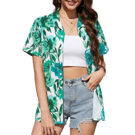 Fancyglim Women's Button Down Shirt Summer Short Sleeve Hawaiian Blouse Tops Tropical Floral Printed Lapel Neck Cardigan Shirt Green M