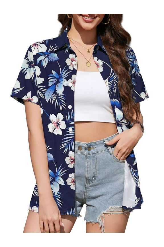 Women's Button Down Shirt Summer Short Sleeve Hawaiian Blouse Tops Tropical Floral Printed Lapel Neck Cardigan Shirt Navy Blue XL