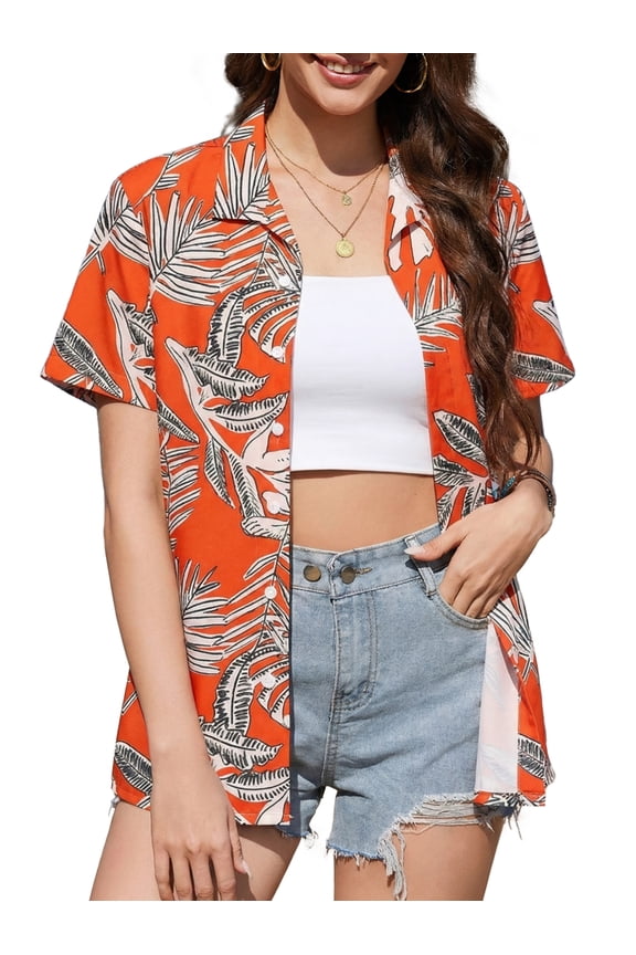 Women's Button Down Shirt Summer Short Sleeve Hawaiian Blouse Tops Tropical Floral Printed Lapel Neck Cardigan Shirt Orange XL