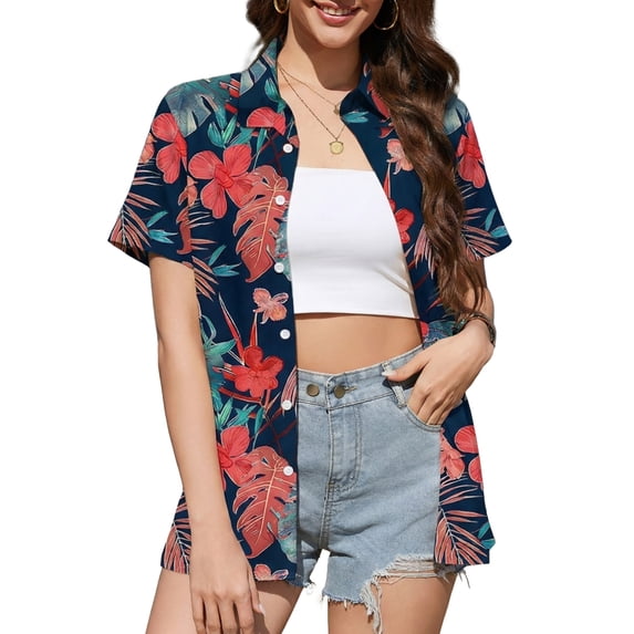 Fancyglim Women's Button Down Shirt Summer Short Sleeve Hawaiian Blouse Tops Tropical Floral Printed Lapel Neck Cardigan Shirt Red S