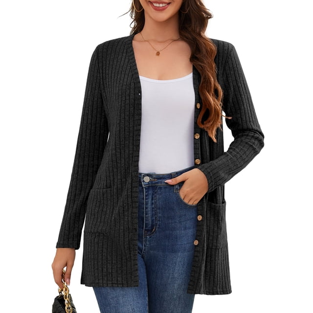 Fancyglim Women's Cardigan Lightweight Soft Knit Fall Sweater Blue Large Long Sleeve Open Front Coat with Pockets Black L